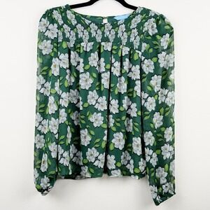 Draper James Women's XS Green Floral Long Sleeve Smocked Blouse Lined Top
